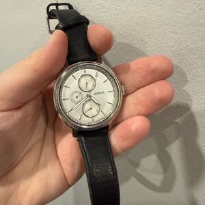 Fossil Silver Dial Watch with Black Leather Strap